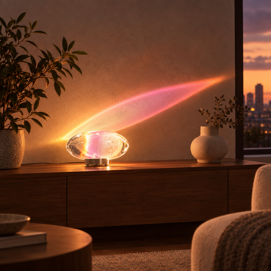 Crystal lamp on a console table at dusk