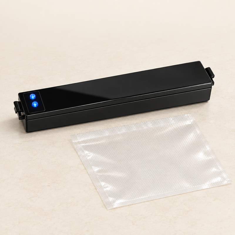 Slim black countertop vacuum sealer with a vacuum bag on a stone surface