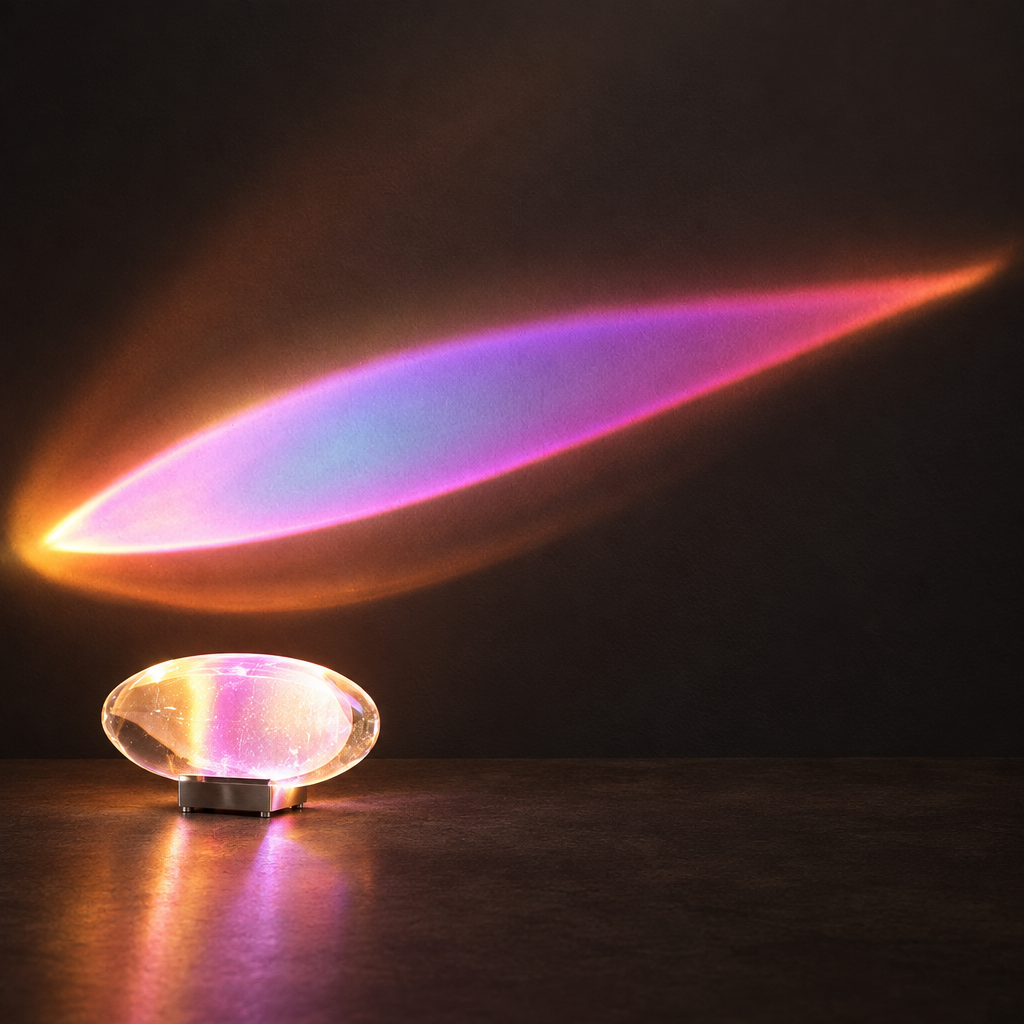 Crystal sunbeam lamp casting a streak of golden pink light