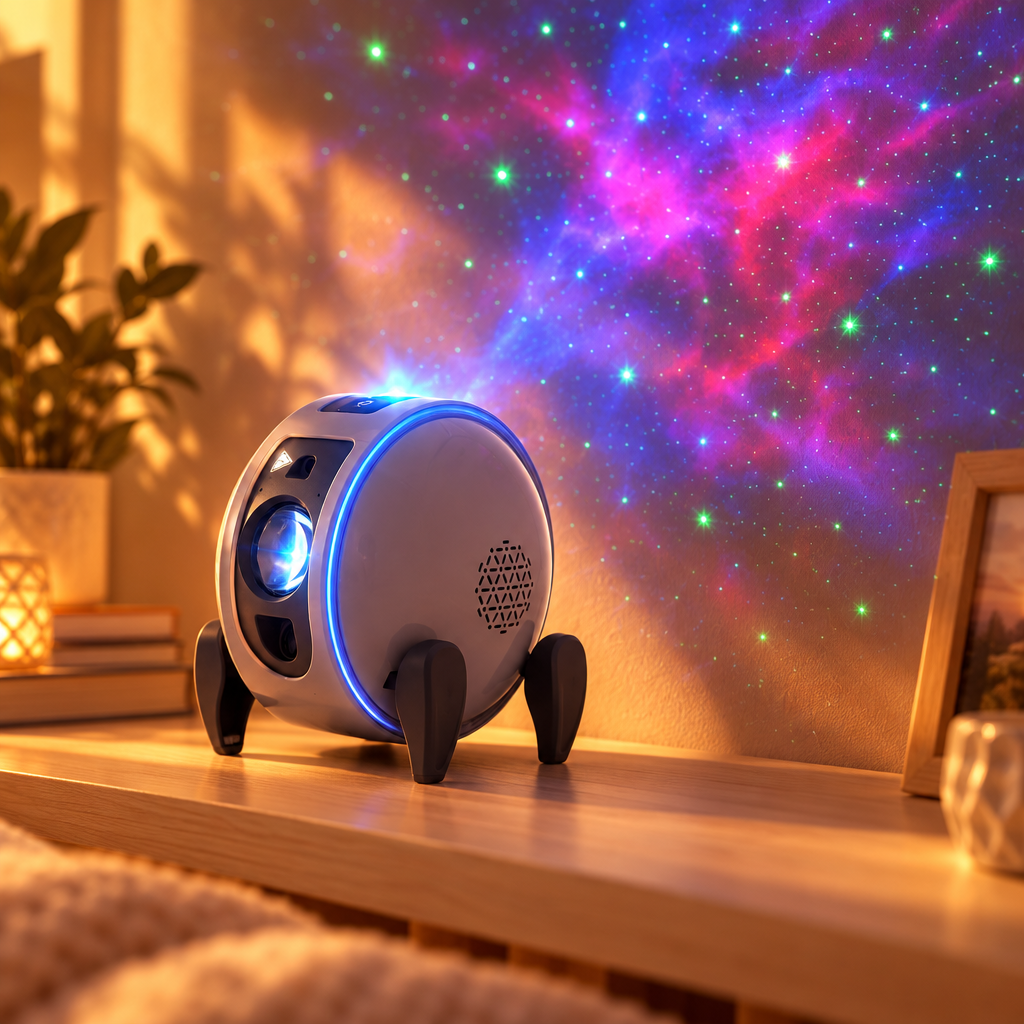 Aurora nebula star projector on a shelf casting colourful nebula light on the wall