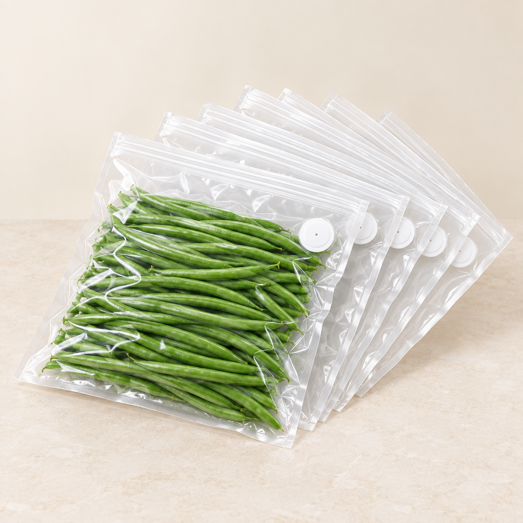 Pack of clear zip vacuum bags with one-way valves