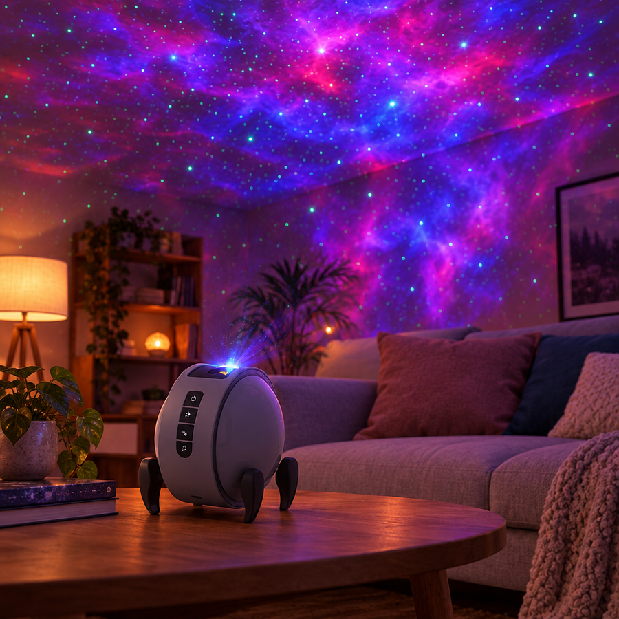 Starry nebula projector in a living room at night