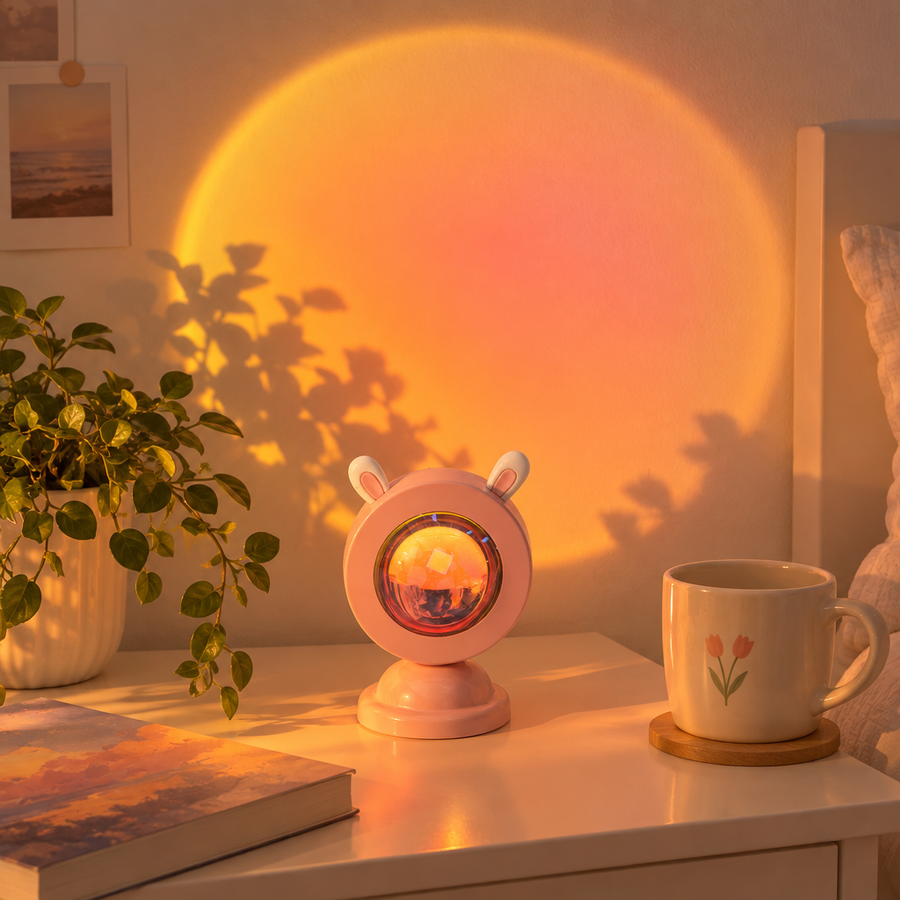 Mini sunset lamp casting a golden circle on a bedroom wall
