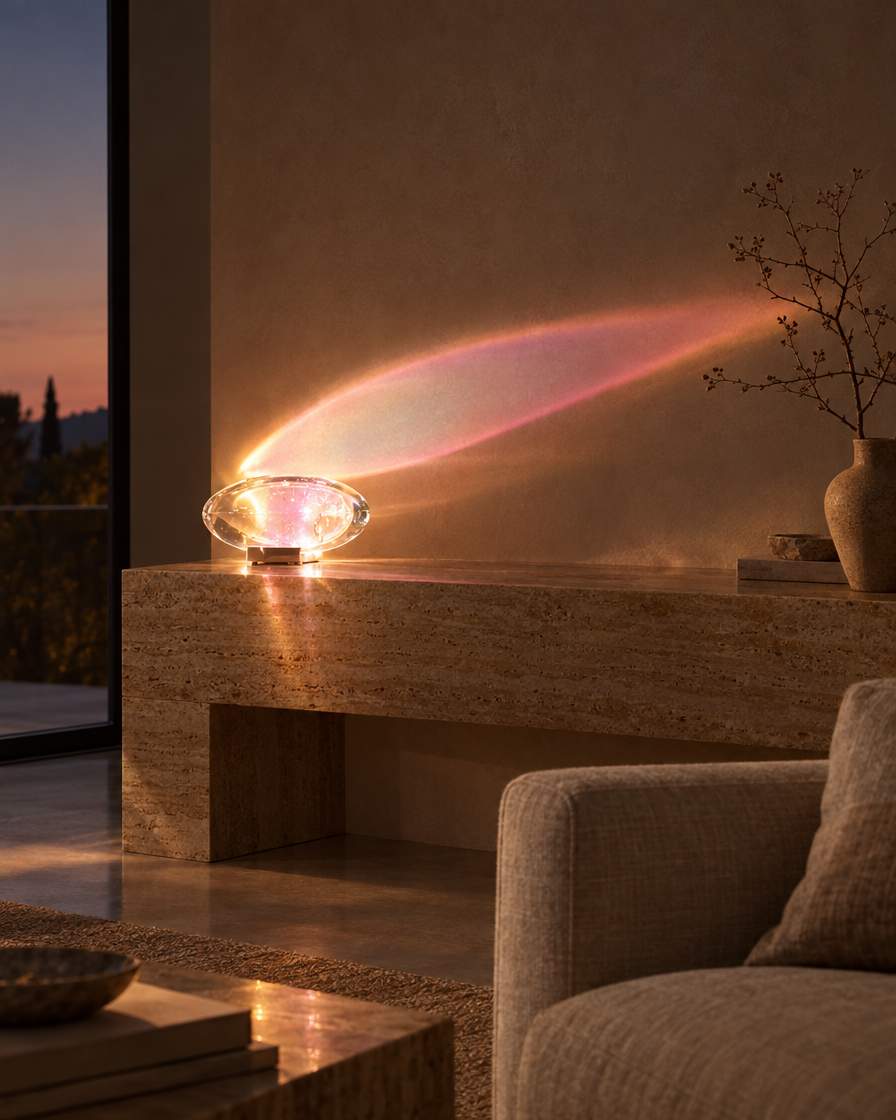 Crystal lamp casting golden light in a modern living room
