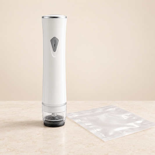 Portable vacuum sealer on a stone surface with a vacuum bag